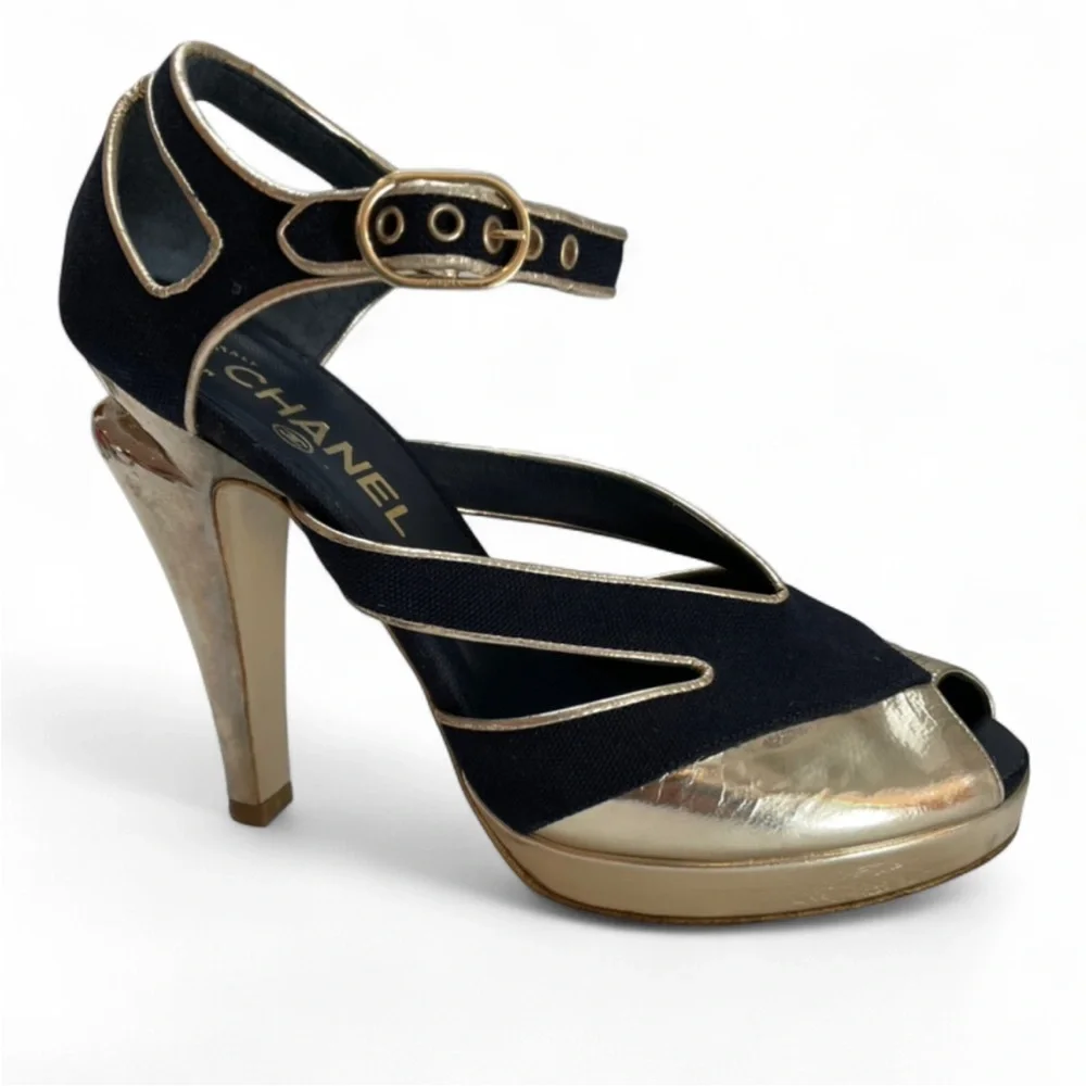 Chanel Gold Leather & Navy Peep-Toe Heels Size 7.5